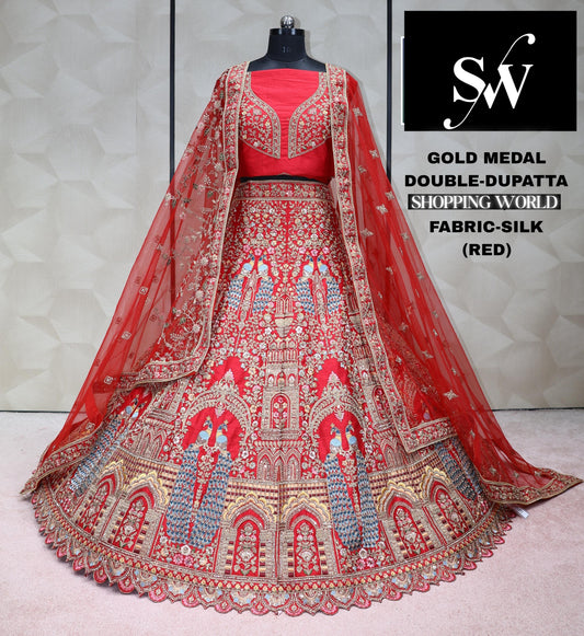 Red Bridal Peacock Lehenga silk fabric