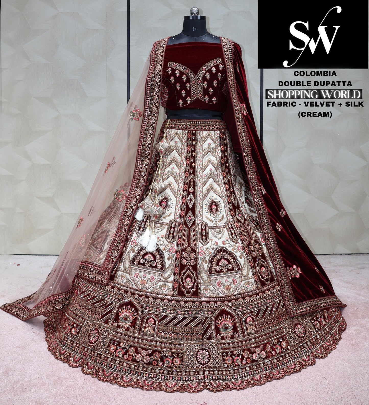 Maroon Cream Lehenga jequard velvet silk fabric