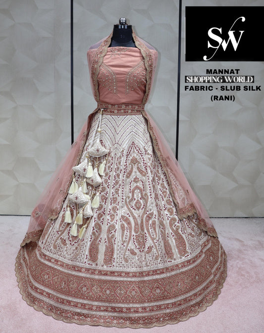 White baby pink Rani Lehenga slub silk fabric