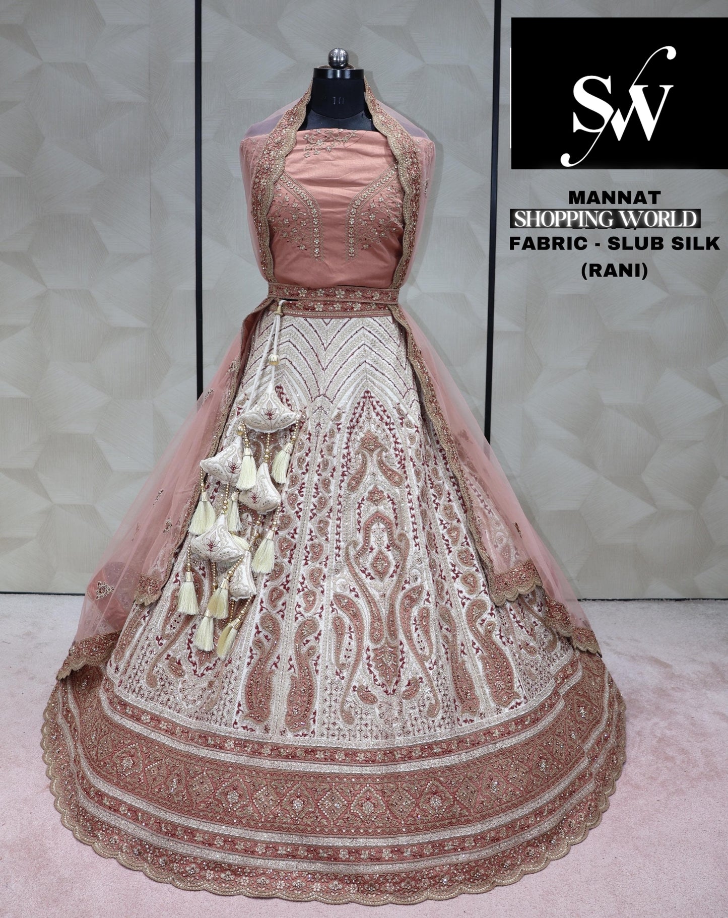 White baby pink Rani Lehenga slub silk fabric