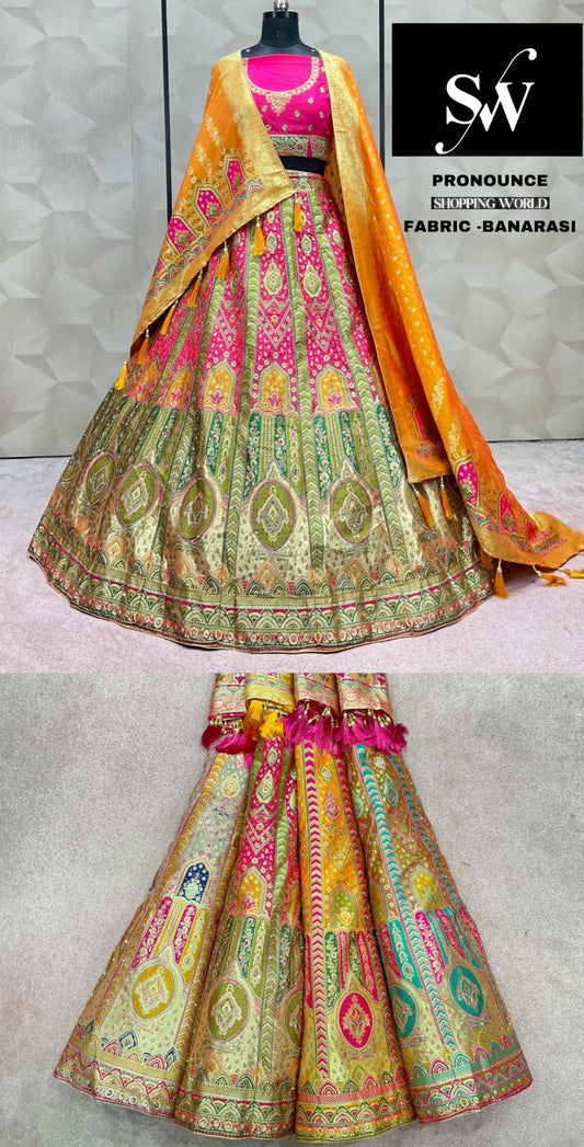 Dark pink Multi Lehenga banarasi fabric