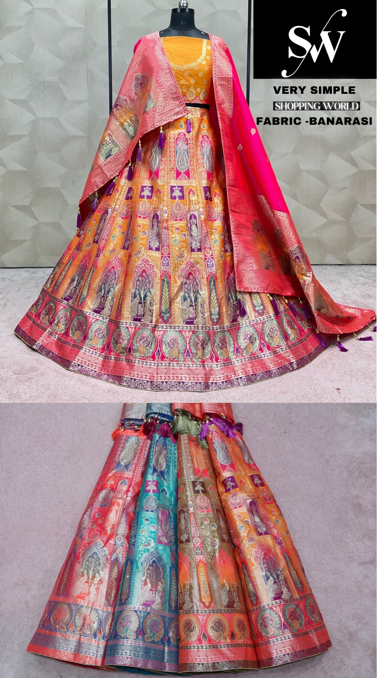 Mustard Multi Lehenga banarasi fabric