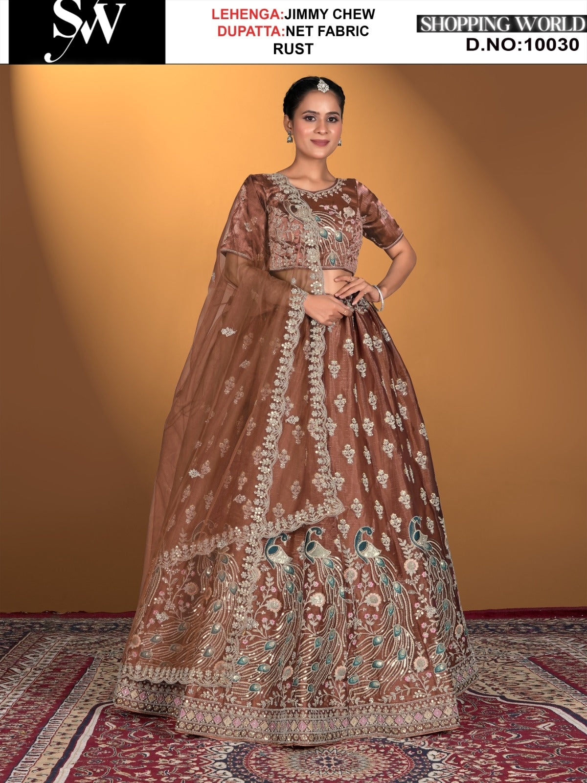 Rust jimmy cho fabric lehenga