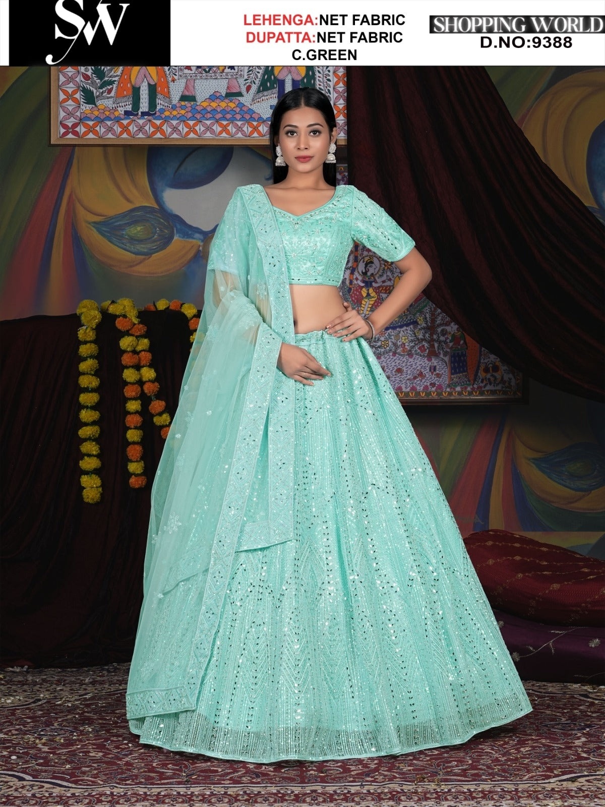 Sea green net fabric lehenga