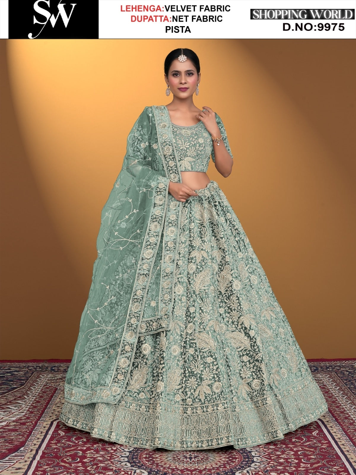 Pista green Velvet fabric lehenga