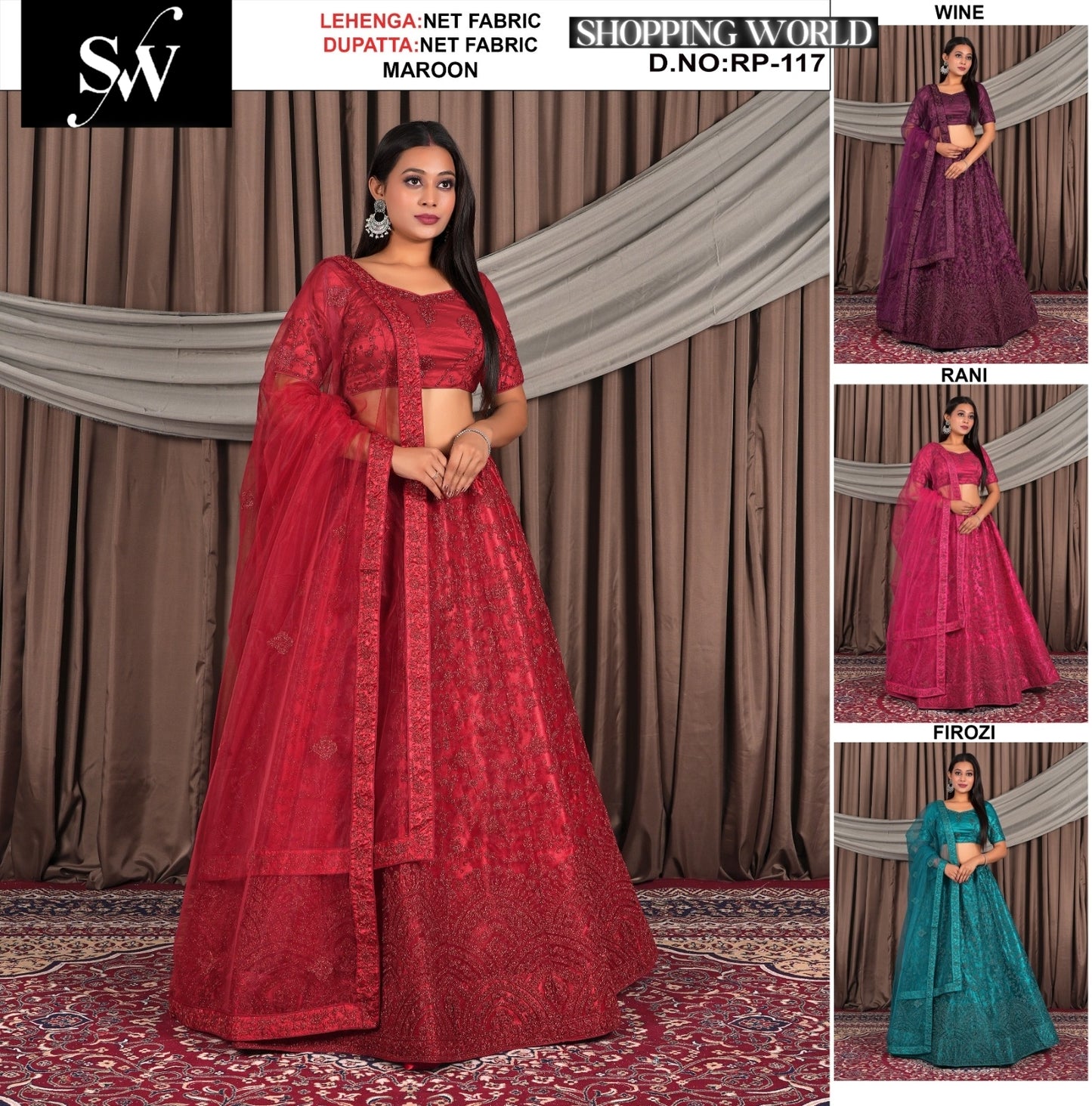 Lehenga de tela de red color granate