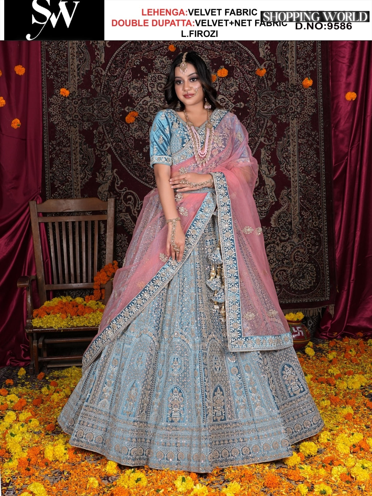 Light Firozi Velvet fabric lehenga
