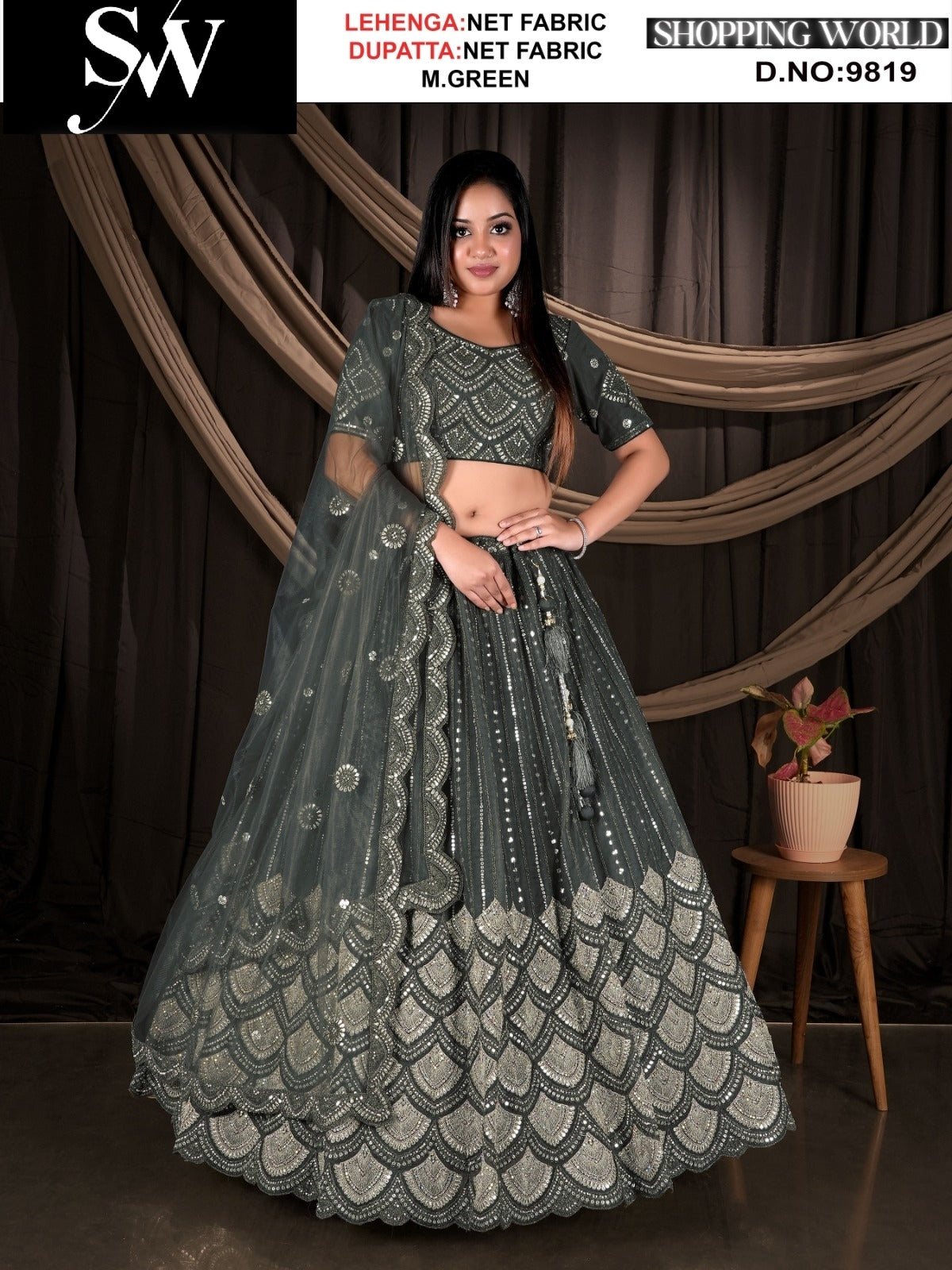 Mehendi green Net fabric lehenga