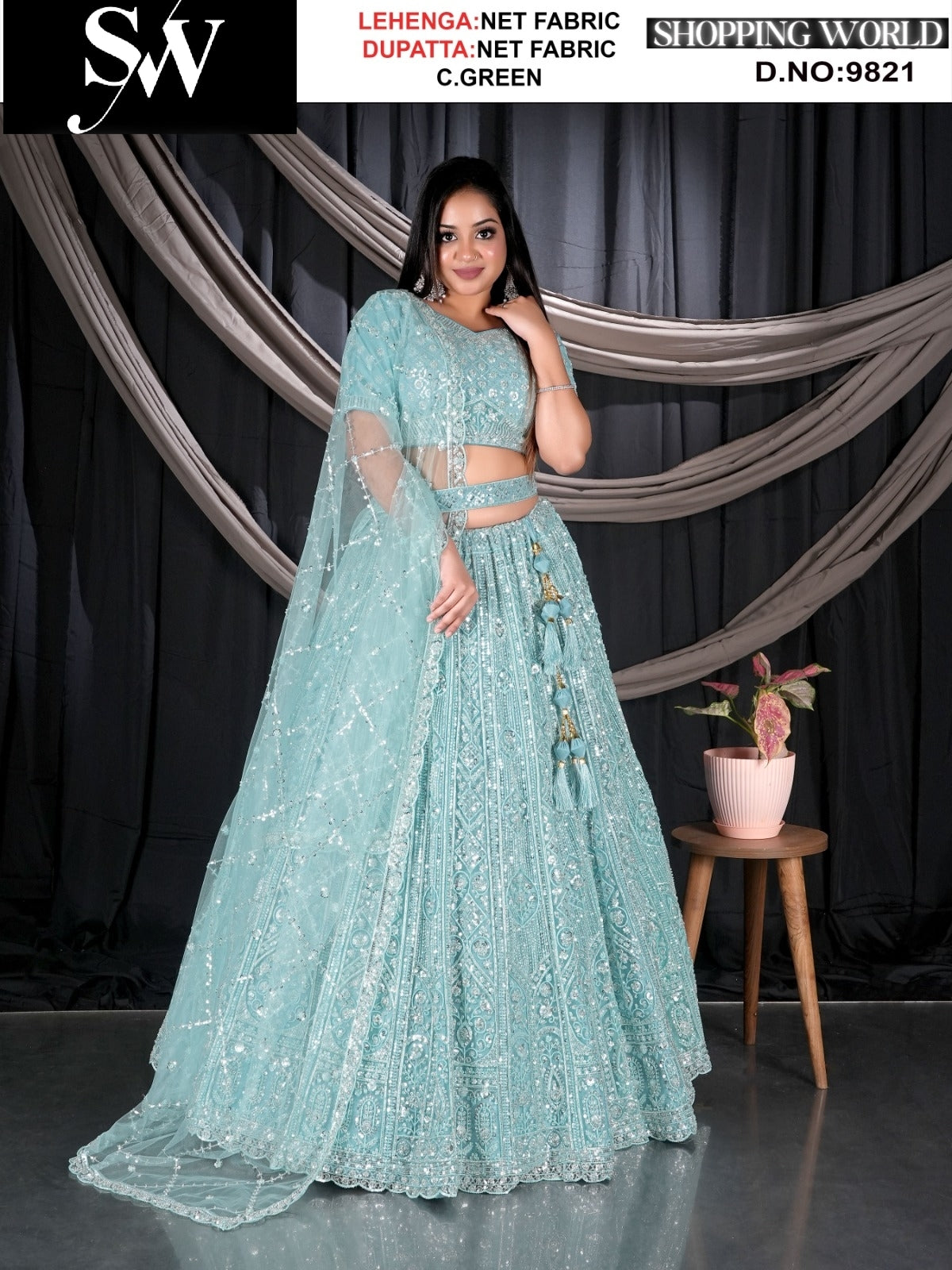 Sea green Net fabric lehenga