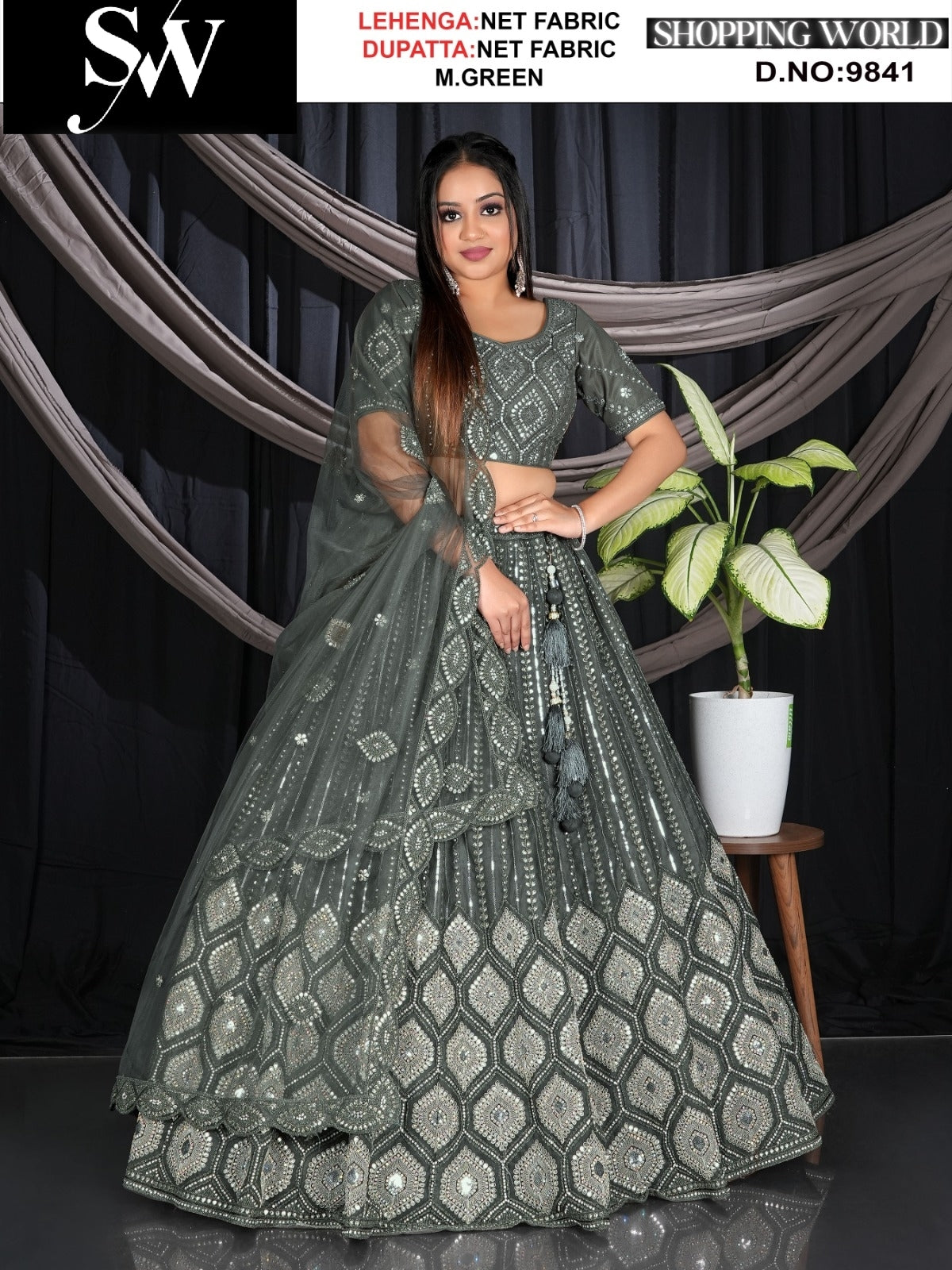 Mehendi green net fabric lehenga