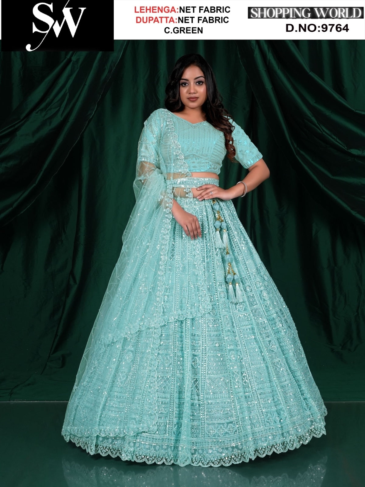 Sea green net fabric lehenga