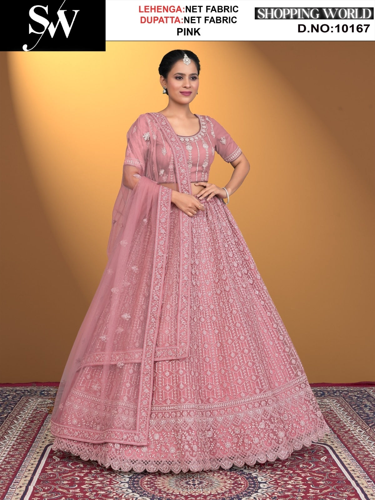 Lehenga de tela de red rosa