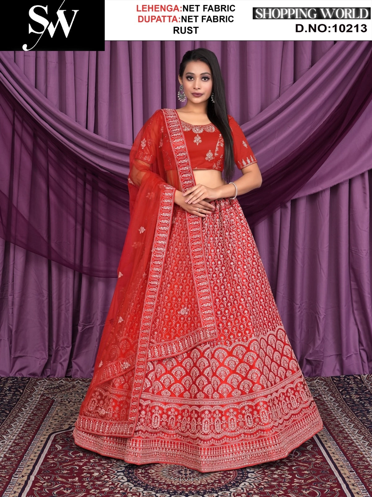 Rust red net fabric lehenga