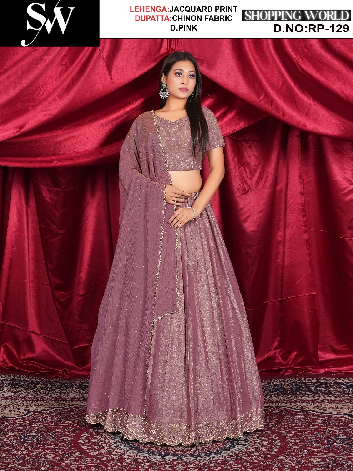 Dark pink Lehenga jaquard fabric