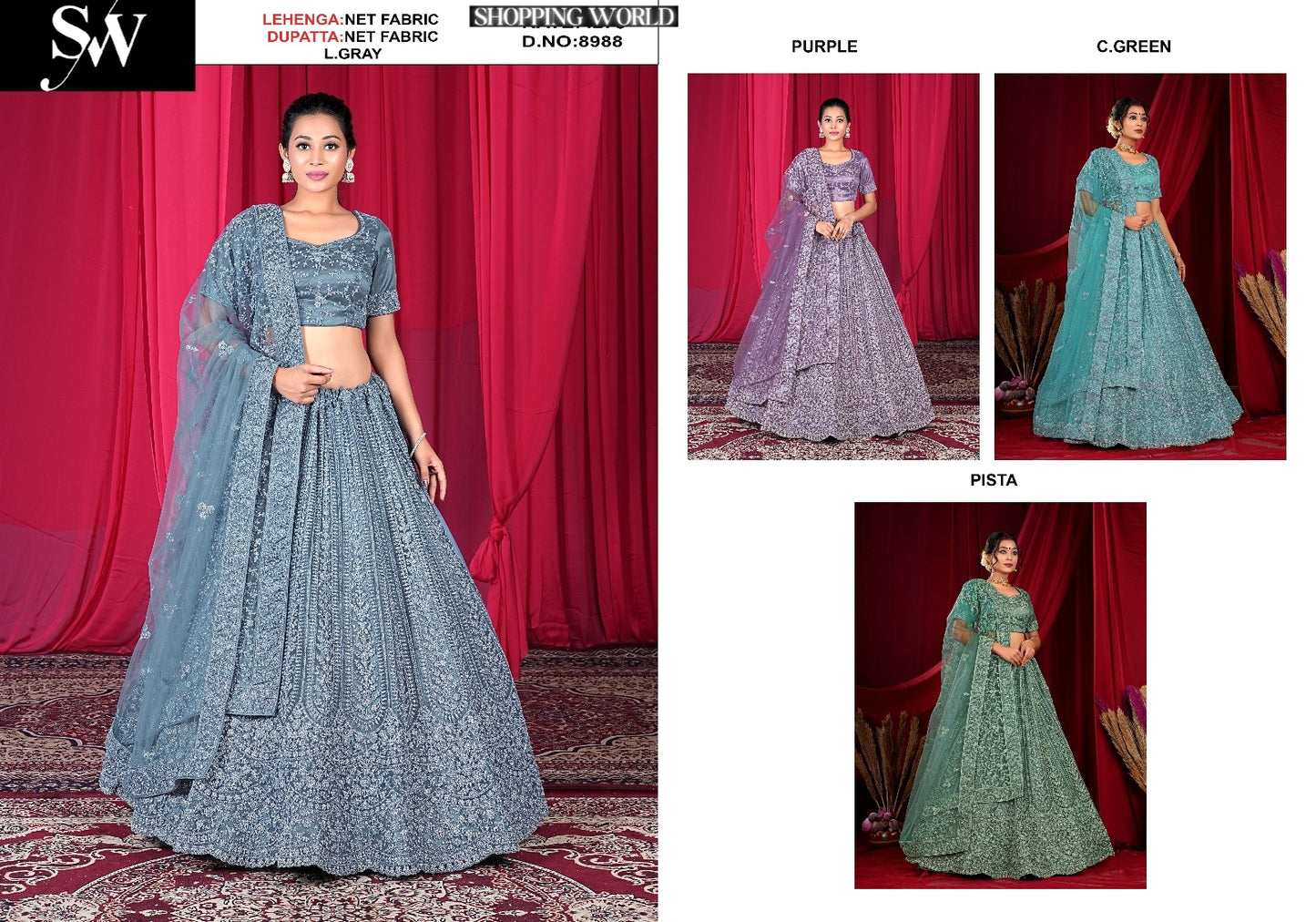 Multi grey Lehenga Net Fabric