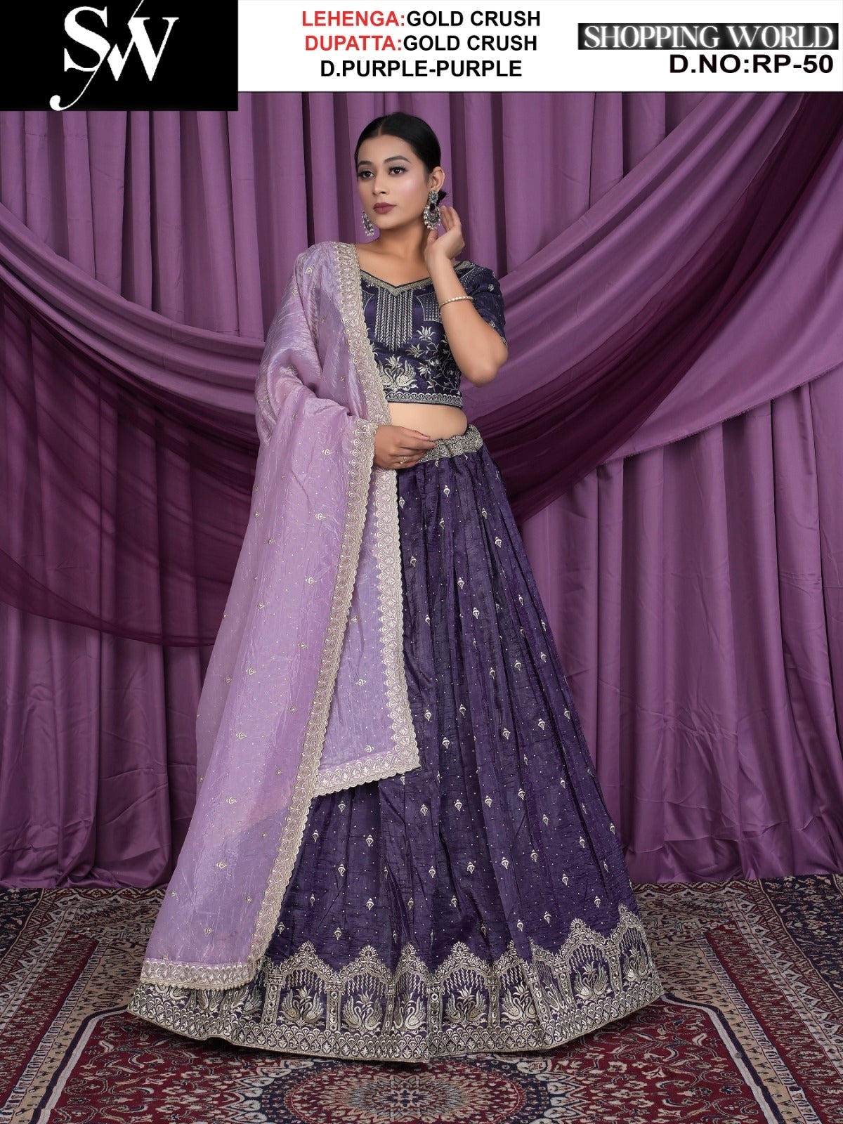 Dark purple Gold crush Fabric lehenga