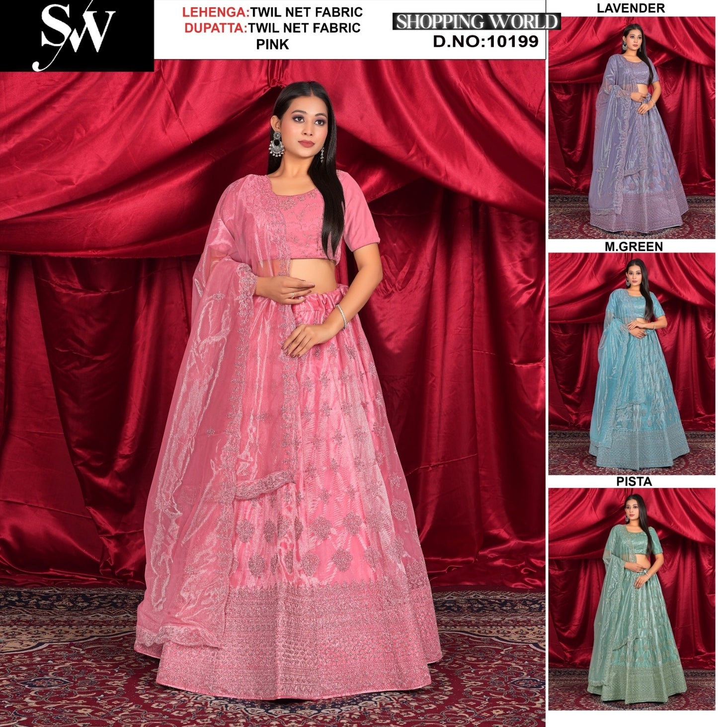 Lehenga de tela de red de sarga rosa