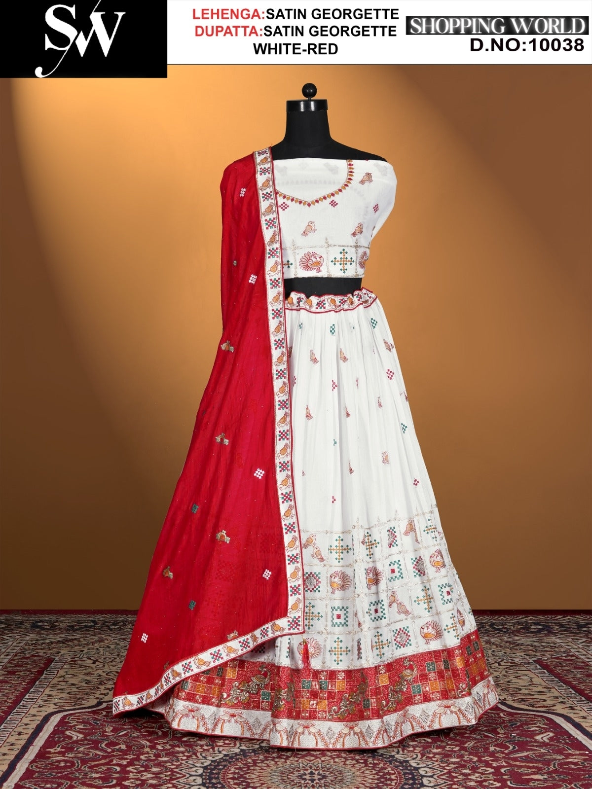 White red satin georgette Fabric lehenga