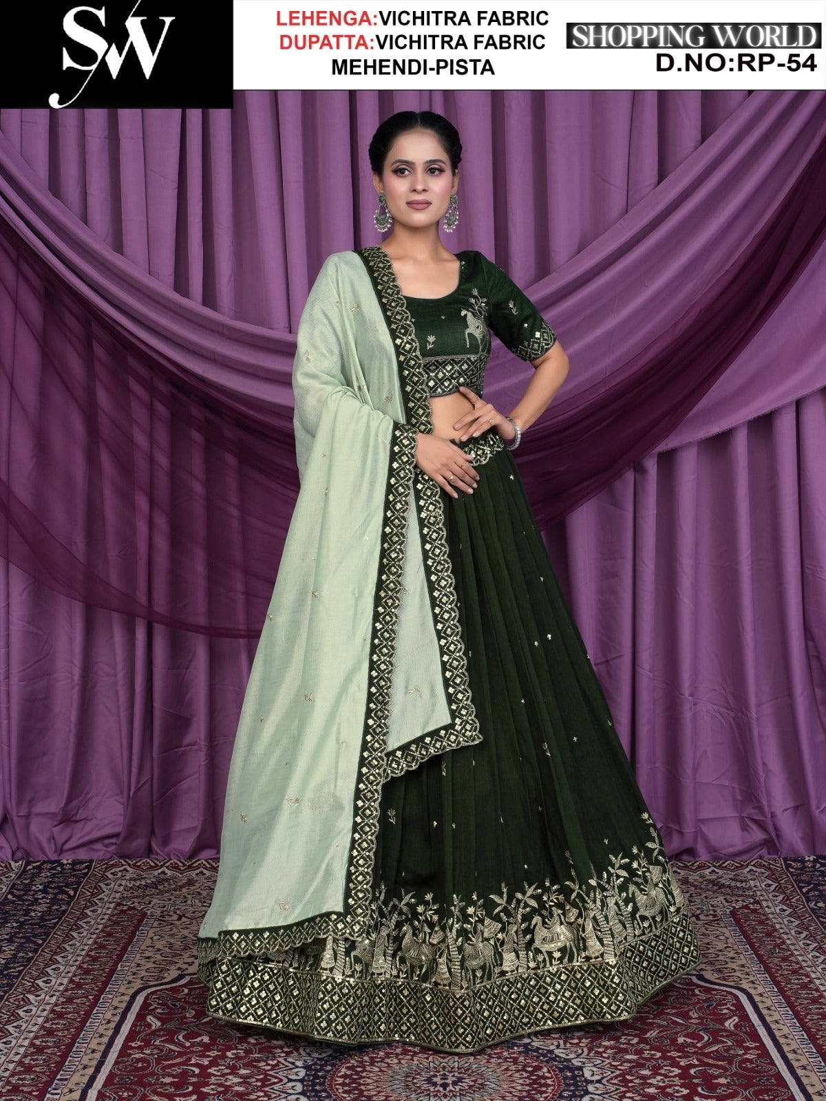 Mehendi pista vichitra Fabric lehenga