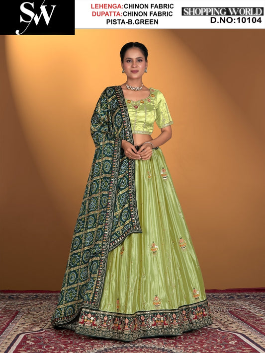 Green Lehenga chinon fabric