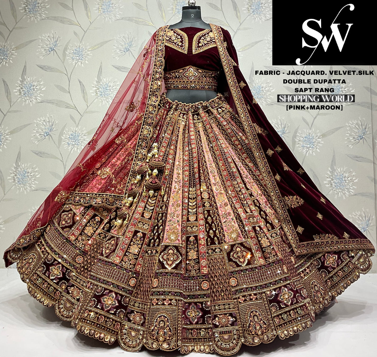 Eye catching Velvet jacquard silk pink Maroon Double dupatta Bridal Lehenga under 25000