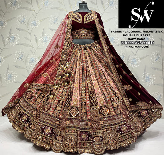 Eye catching Velvet jacquard silk pink Maroon Double dupatta Bridal Lehenga under 25000