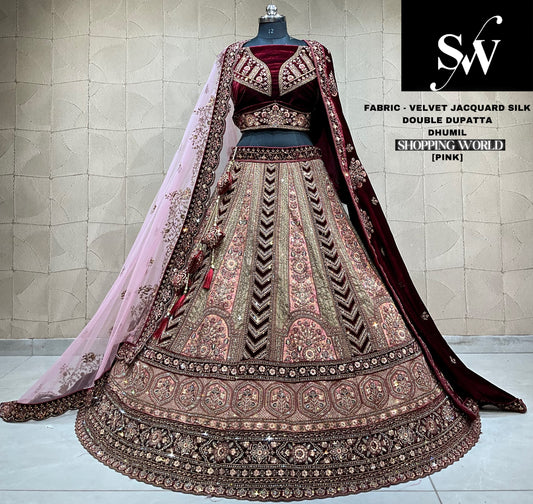 Something different Velvet jacquard silk pink Double dupatta Bridal Lehenga
