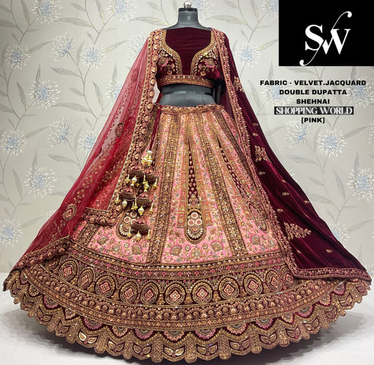 Majestic Velvet jacquard pink Double dupatta Bridal Lehenga