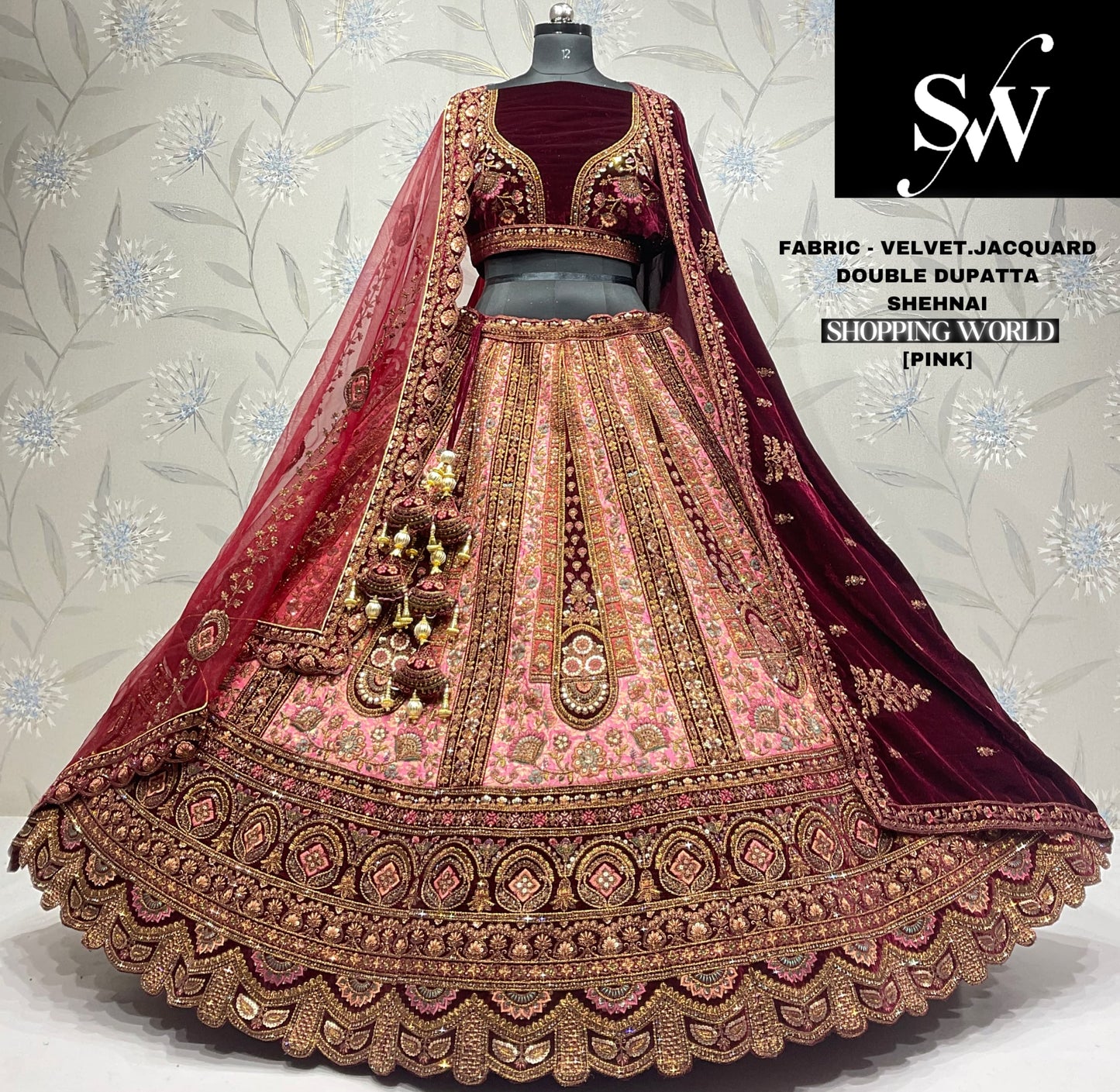 Majestic Velvet jacquard pink Double dupatta Bridal Lehenga
