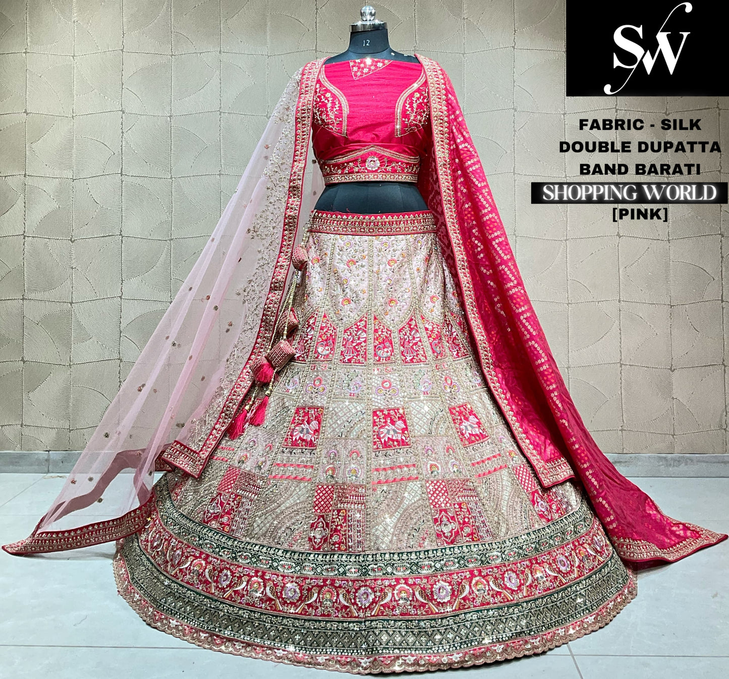 Good looking silk pink double dupatta bridal Lehenga