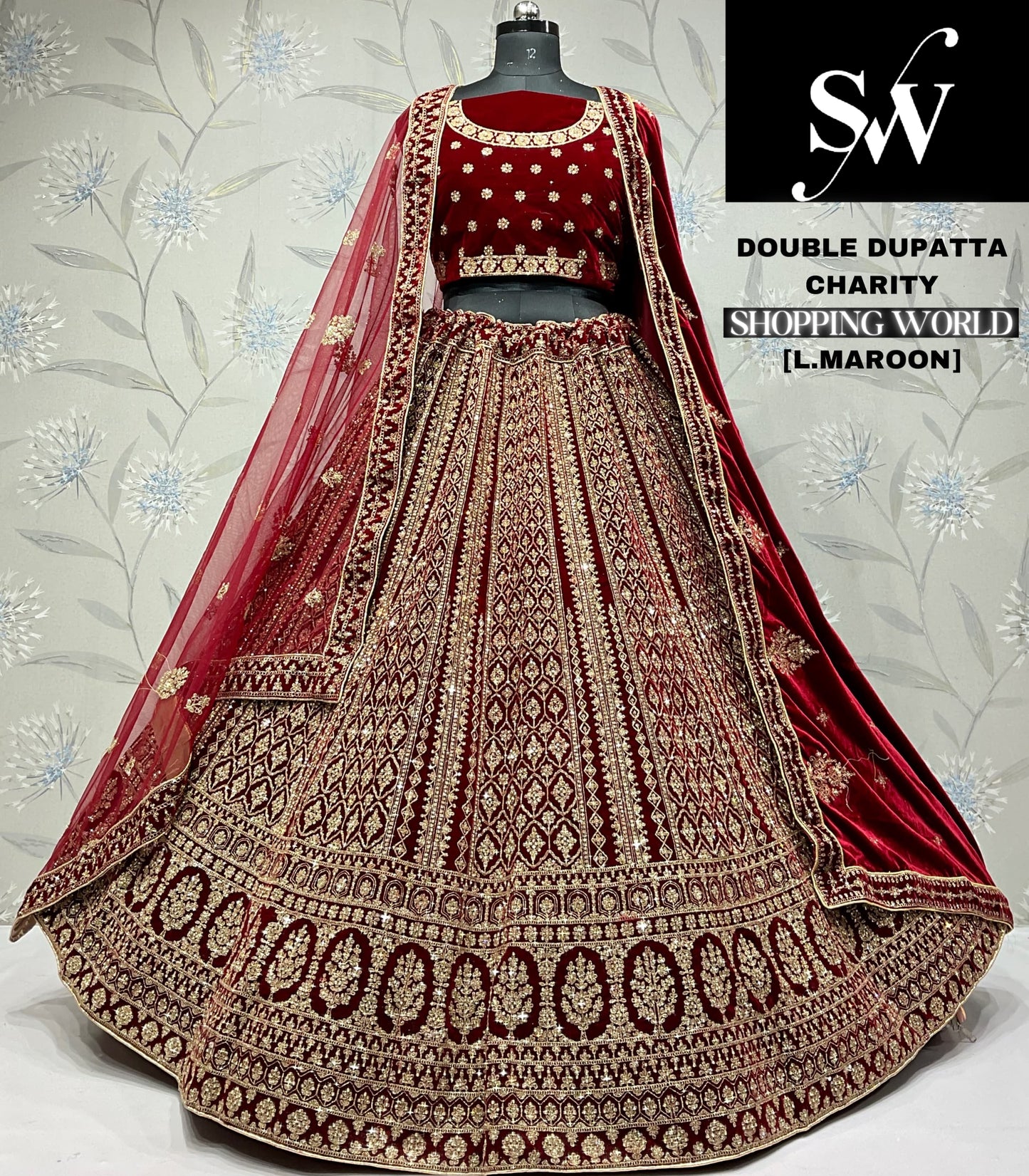 Khoobsurat light maroon Velvet double dupatta bridal Lehenga