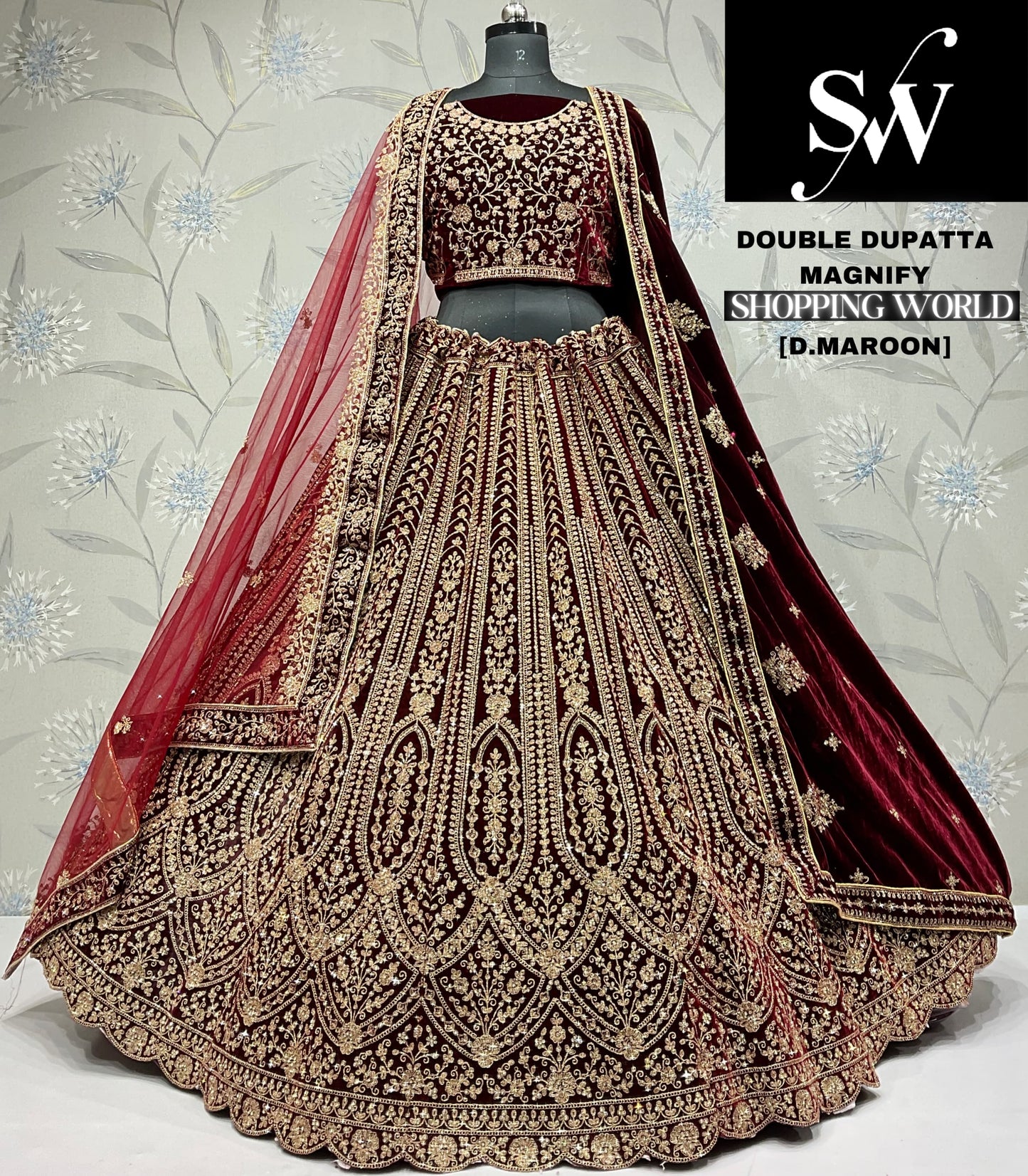 Engaging dark maroon Velvet double dupatta bridal Lehenga