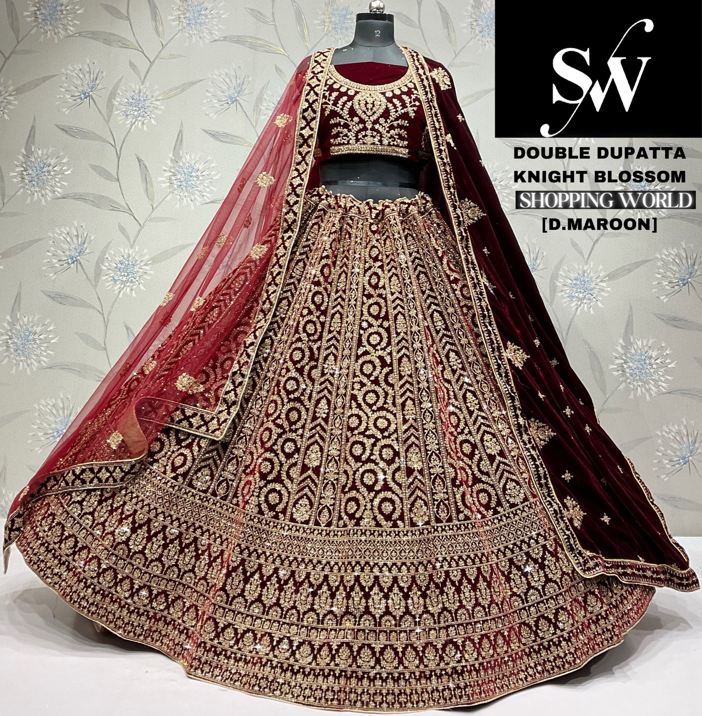 प्यारा गहरा मैरून मखमली डबल दुपट्टा दुल्हन लहंगा