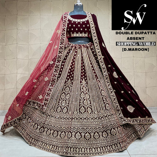 Embellished dark maroon Velvet double dupatta bridal Lehenga