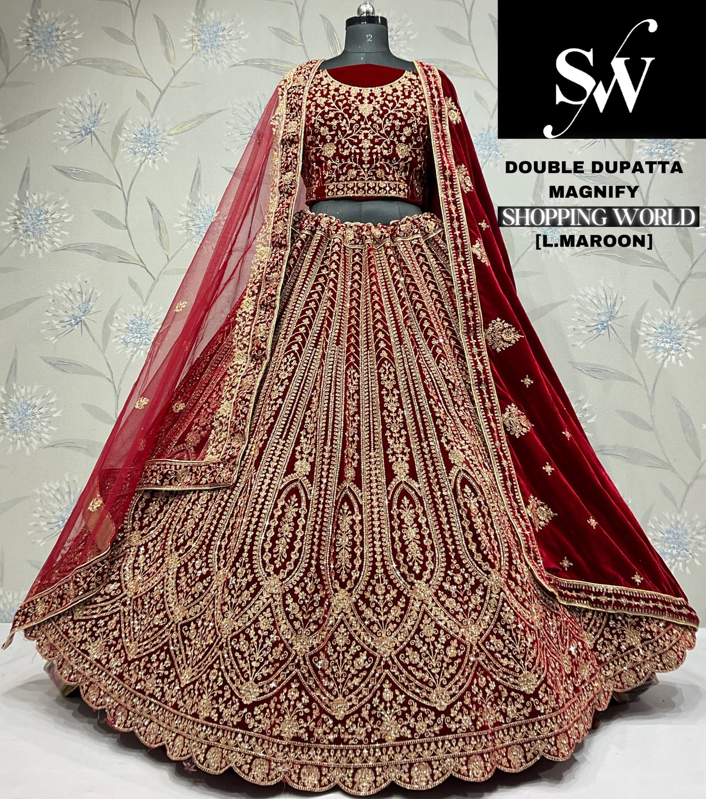 Awesome light maroon Velvet double dupatta bridal Lehenga