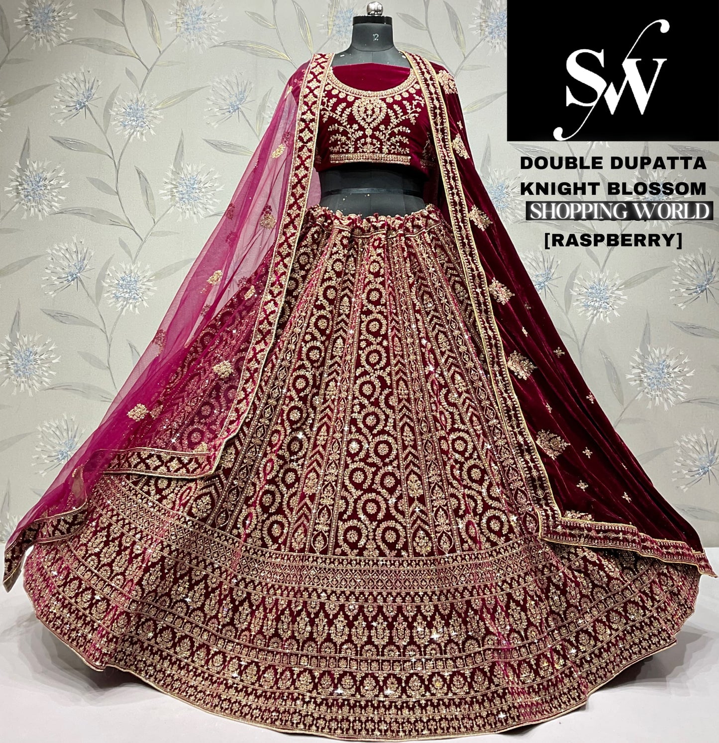 Glamorous raspberry Velvet double dupatta bridal Lehenga