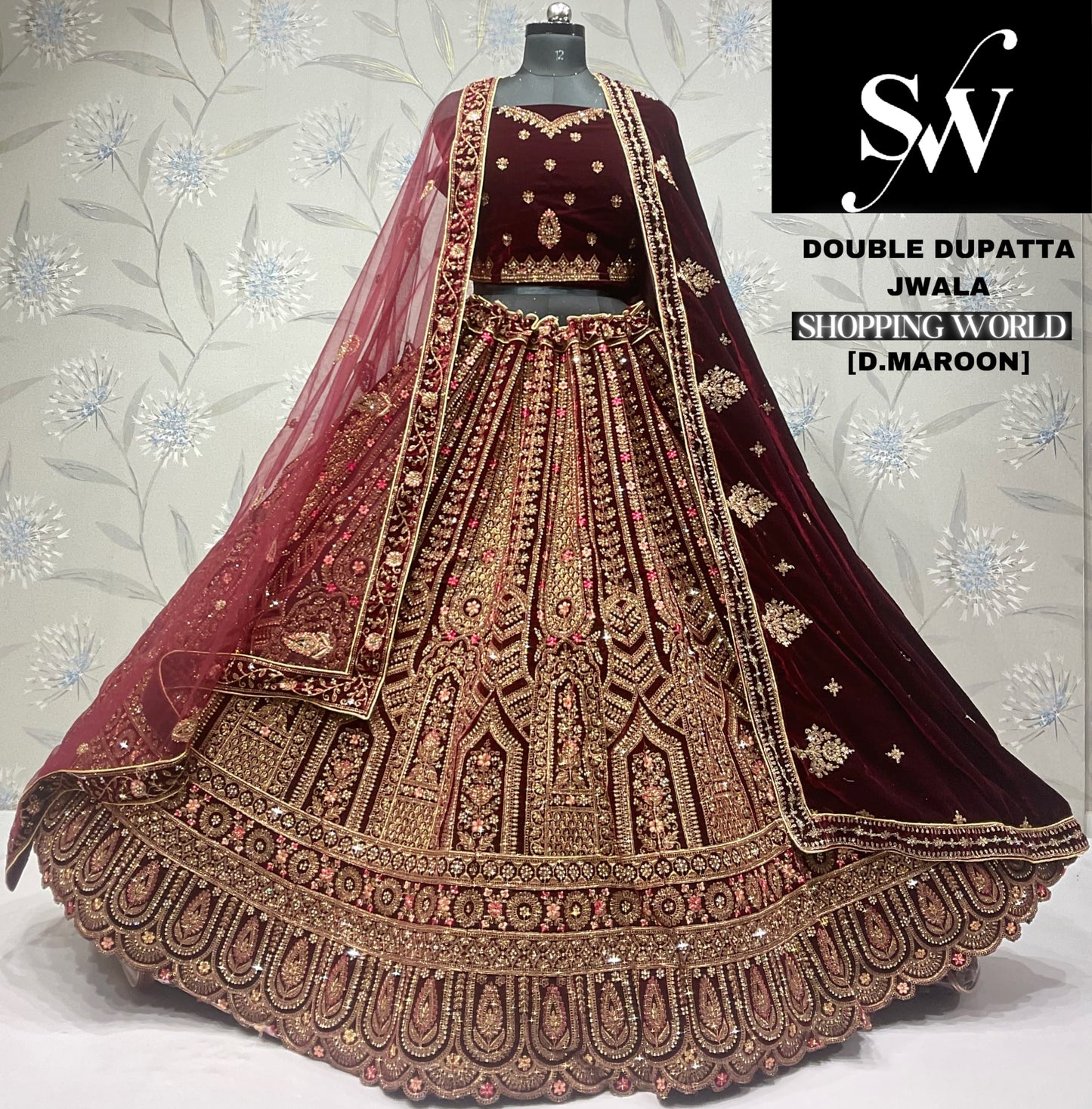 Beautiful dark maroon Velvet double dupatta bridal Lehenga