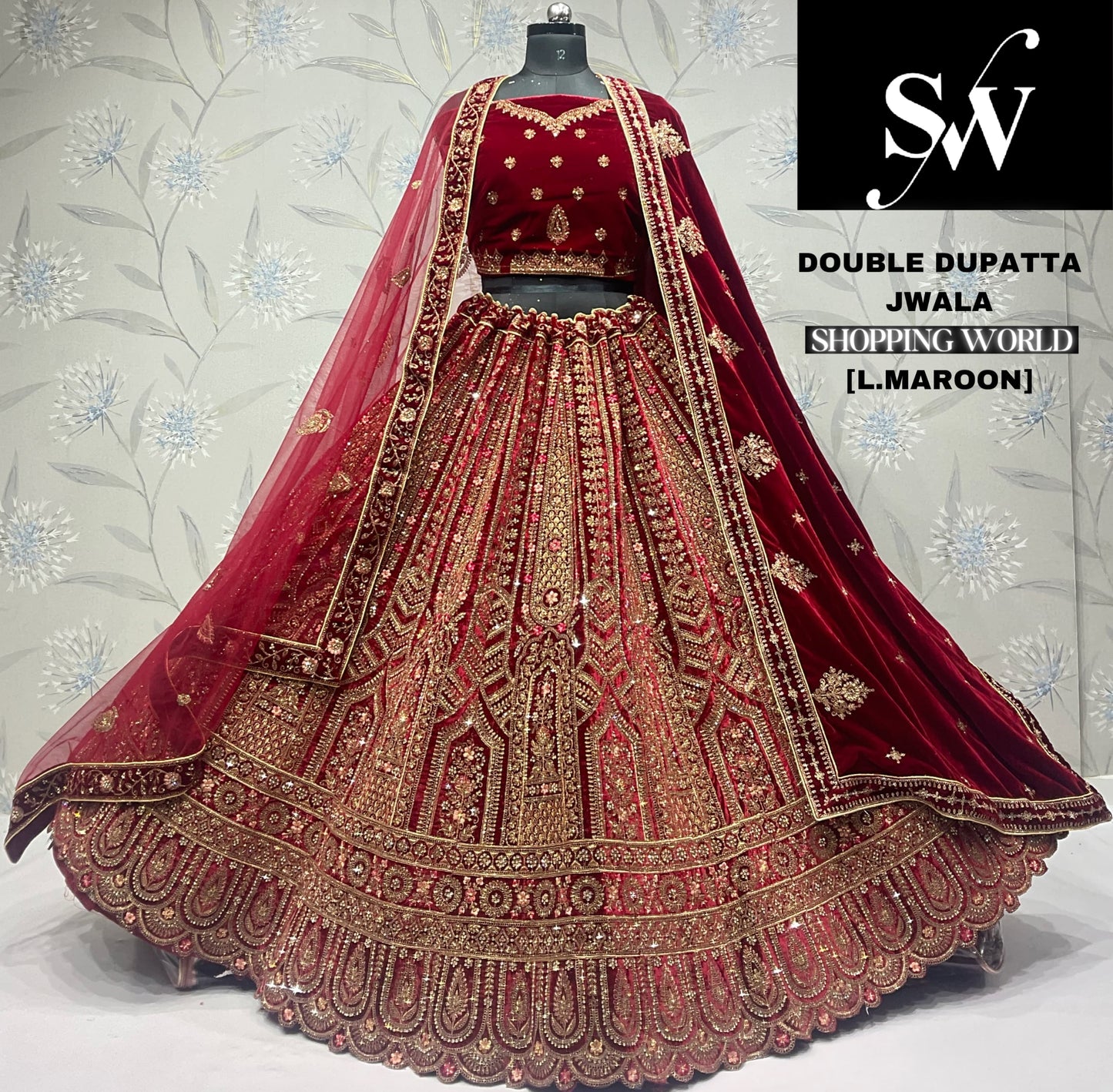 Pretty light maroon Velvet double dupatta bridal Lehenga
