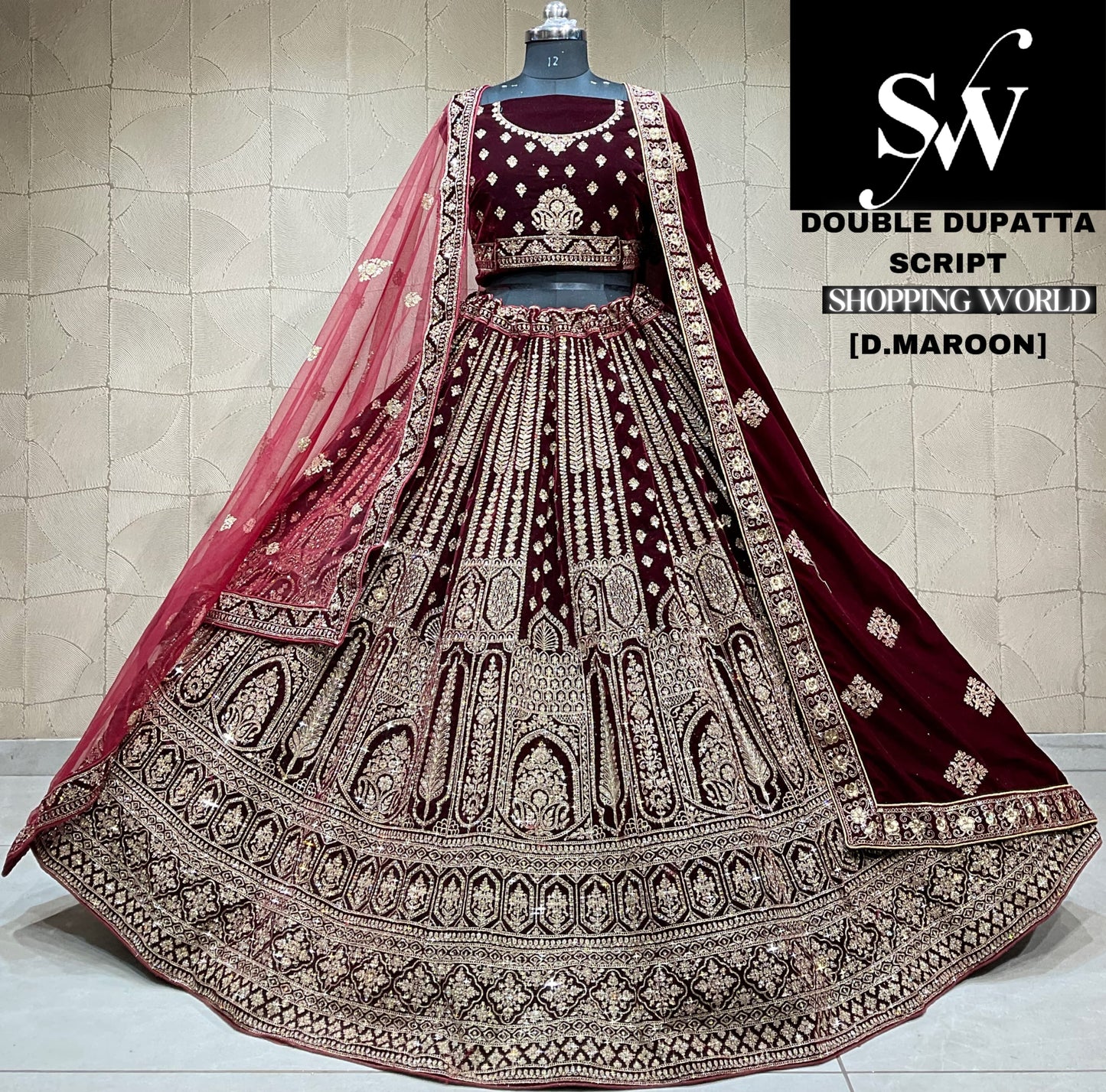 Lovely dark maroon Velvet double dupatta bridal Lehenga