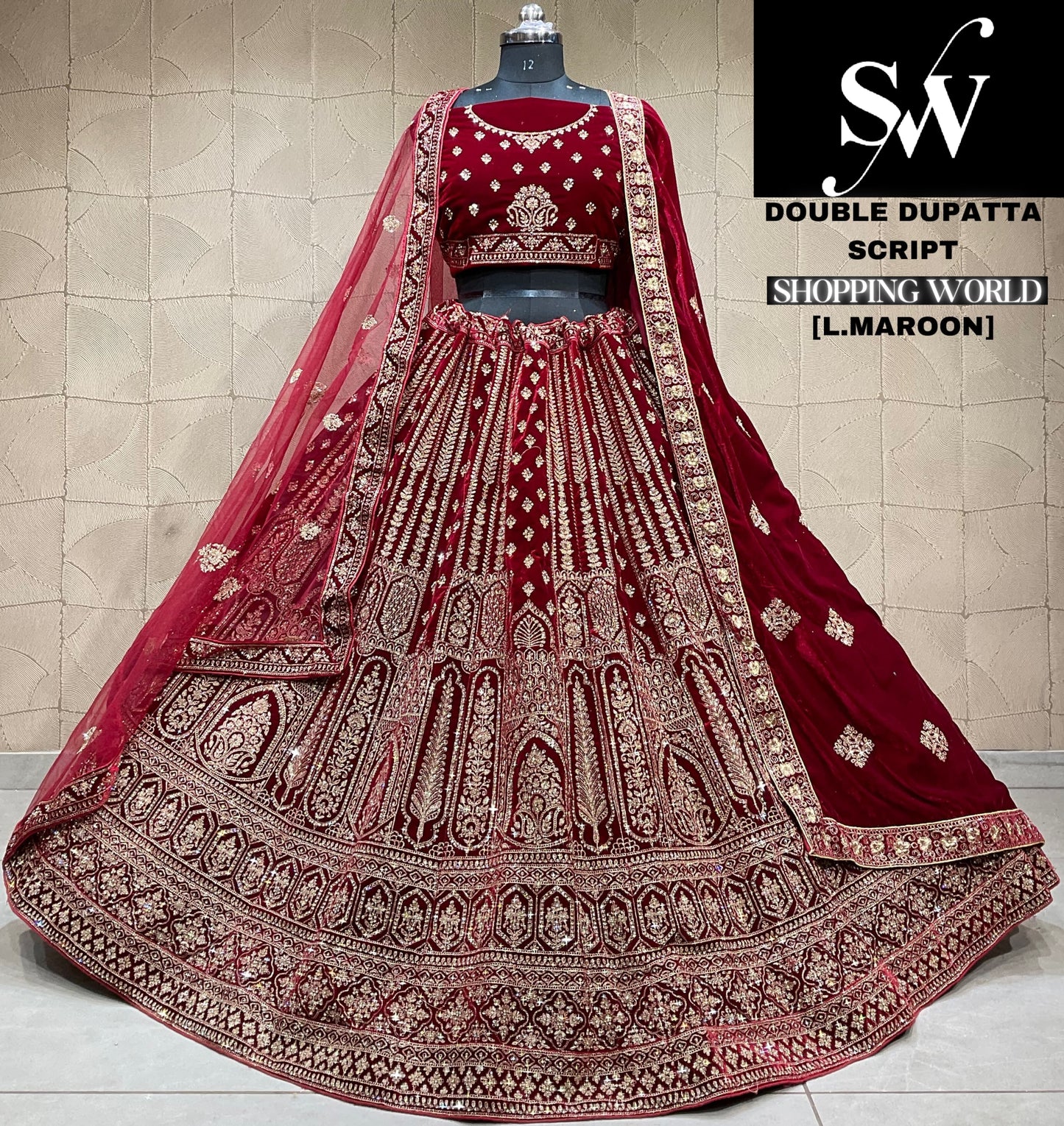 Something different light maroon Velvet double dupatta bridal Lehenga