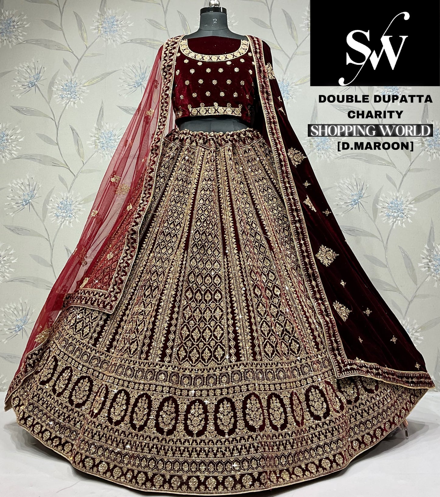 Tremendous dark maroon Velvet double dupatta bridal Lehenga