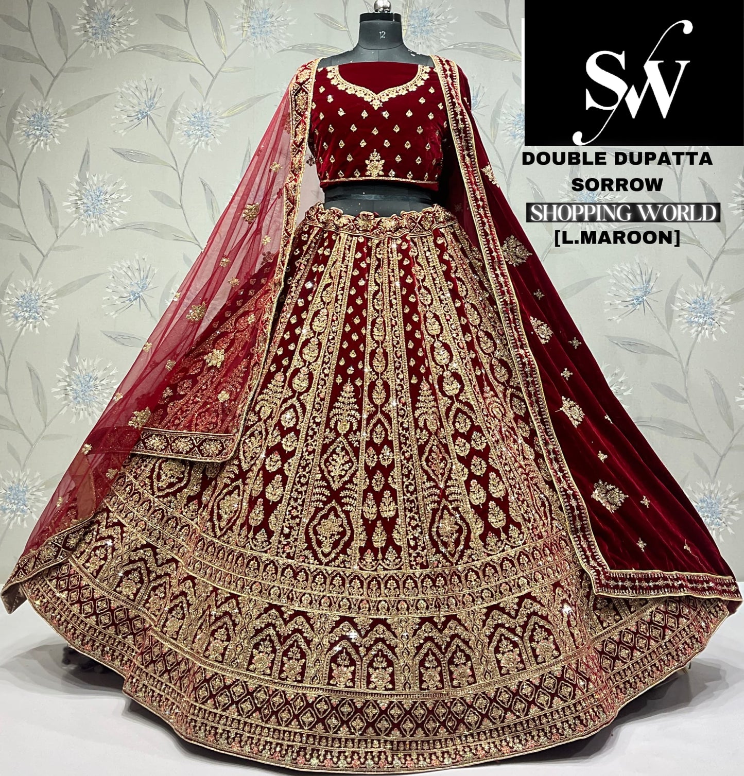 Stunning light maroon Velvet double dupatta bridal Lehenga