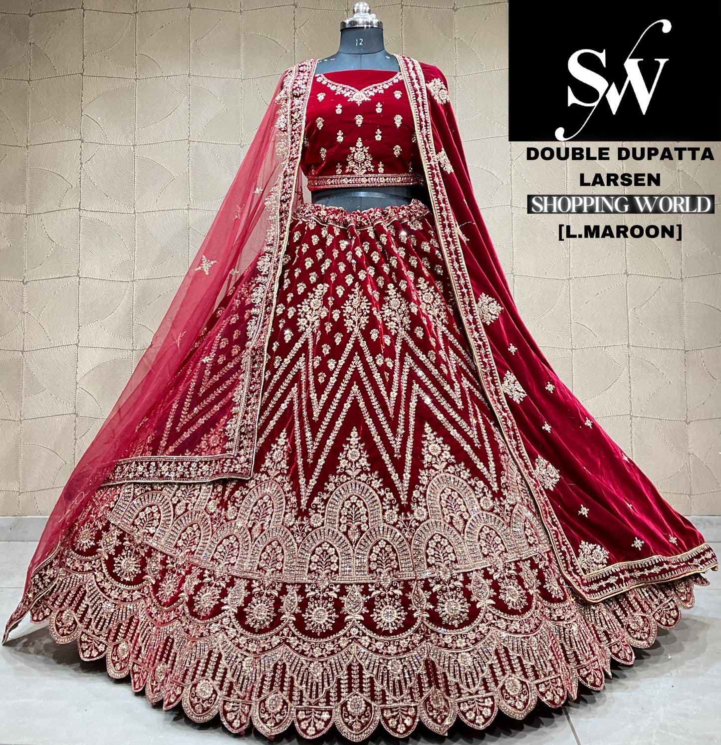Amazing light maroon Velvet double dupatta bridal Lehenga