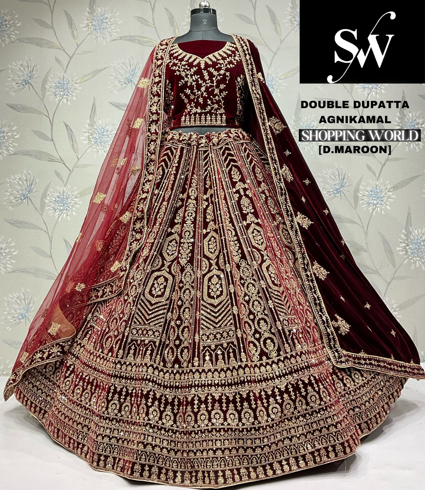 Gorgeous dark maroon Velvet double dupatta bridal Lehenga
