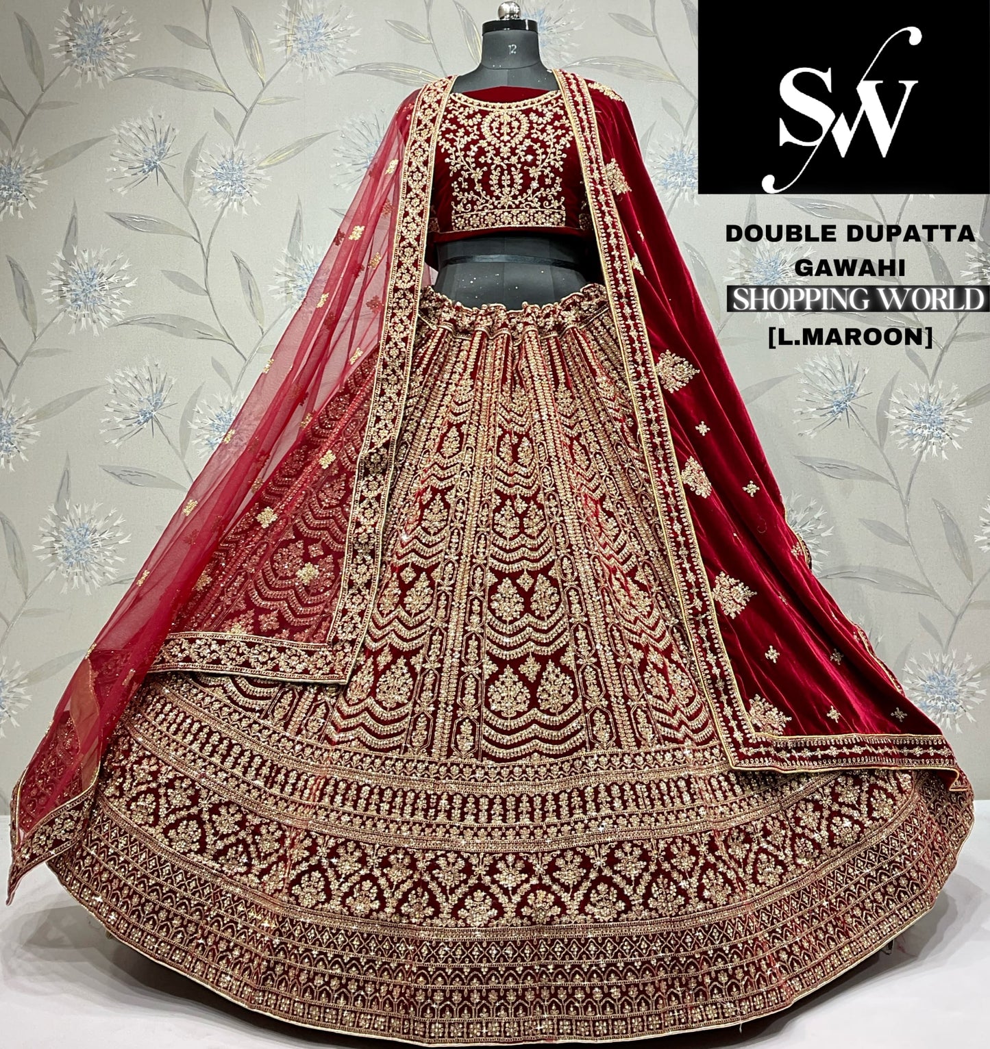 Attractive light maroon Velvet double dupatta bridal Lehenga
