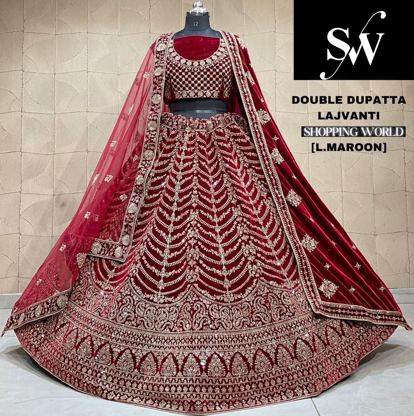 Tremendous light maroon Velvet double dupatta bridal Lehenga