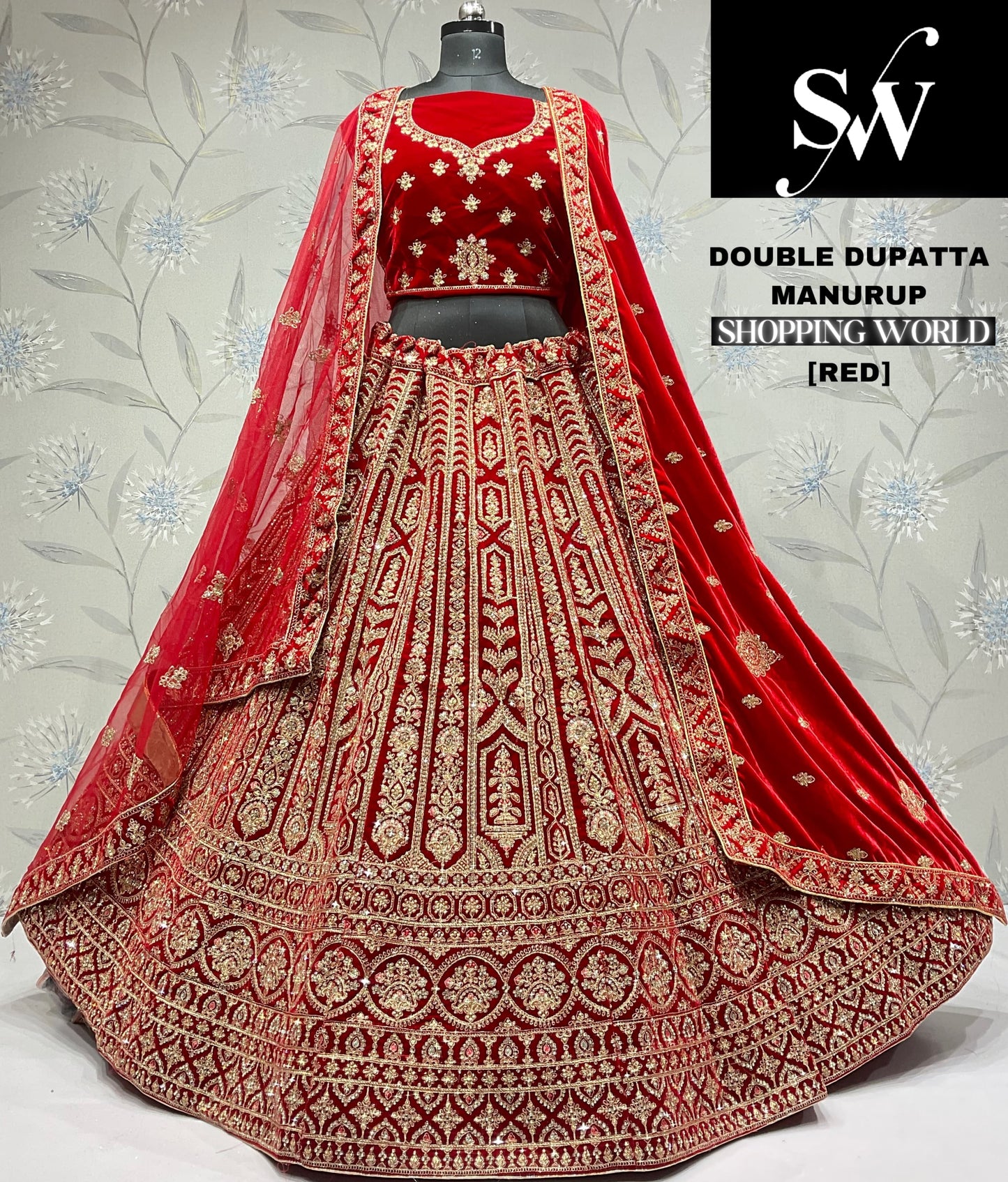 Eye catching red Velvet double dupatta bridal Lehenga