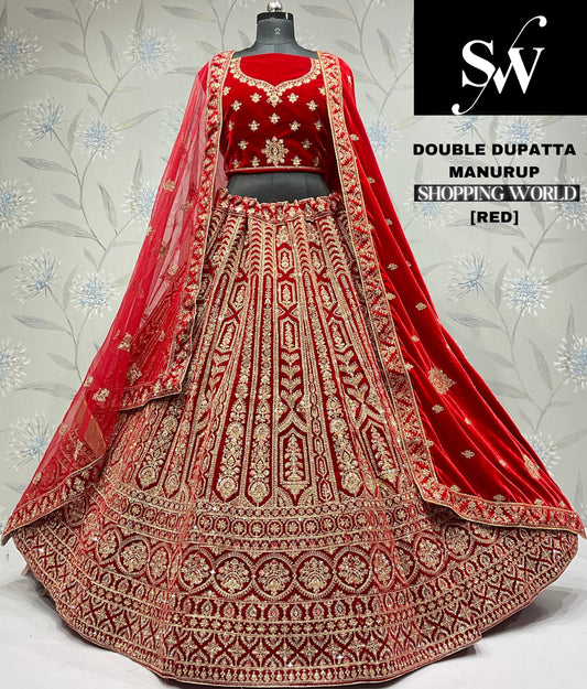 Eye catching red Velvet double dupatta bridal Lehenga