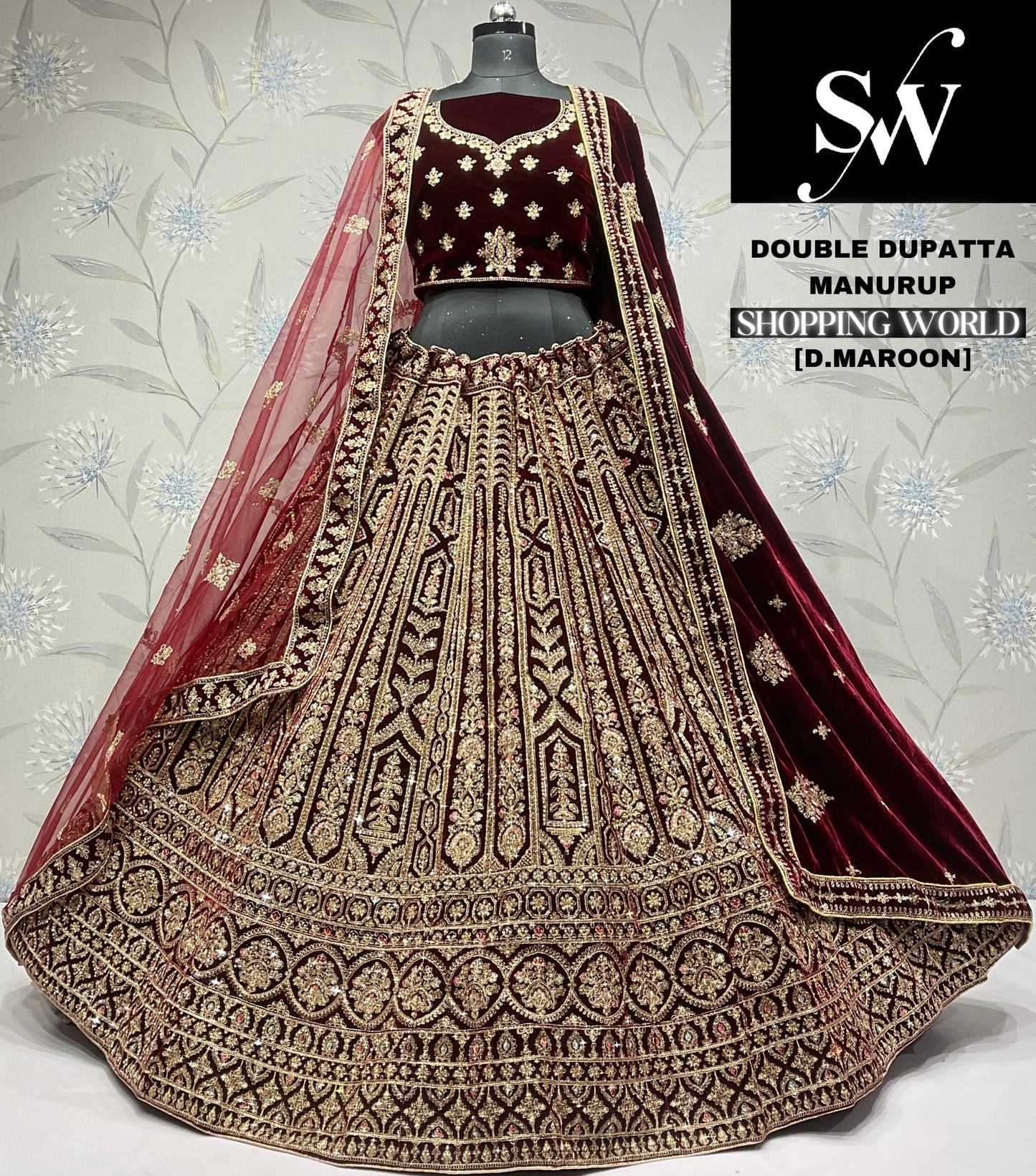 Something different Dark maroon Velvet double dupatta bridal Lehenga