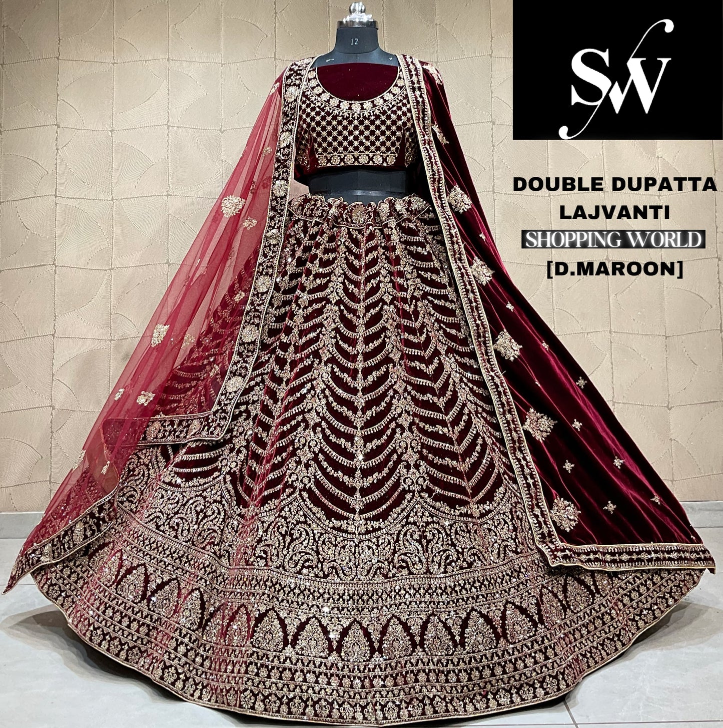 Pretty Dark maroon Velvet double dupatta bridal Lehenga